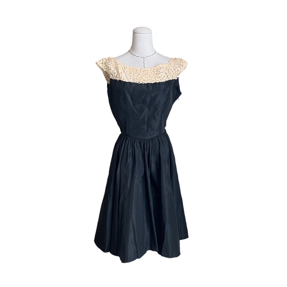 Vintage 50s Emma Domb Taffeta Party Cocktail Dress Lace Pearls Rhinestones